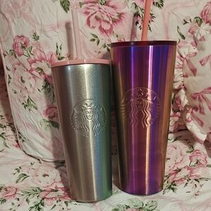 Starbucks Iridescent and Silver Tumblers with Straws